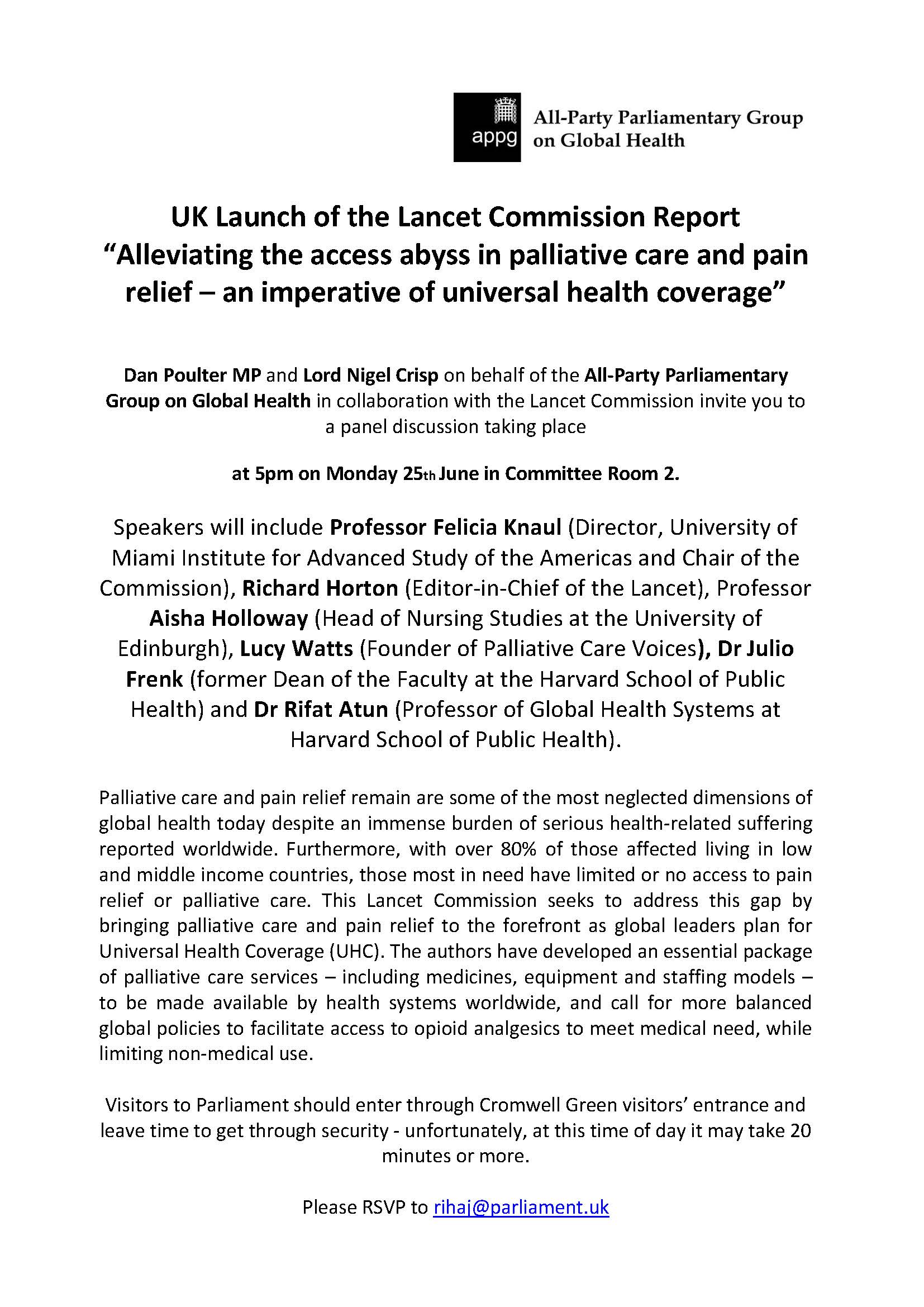 Invitation: UK Launch of the Lancet Commission Report “Alleviating the access abyss in palliative care and pain relief – an imperative of universal health coverage”